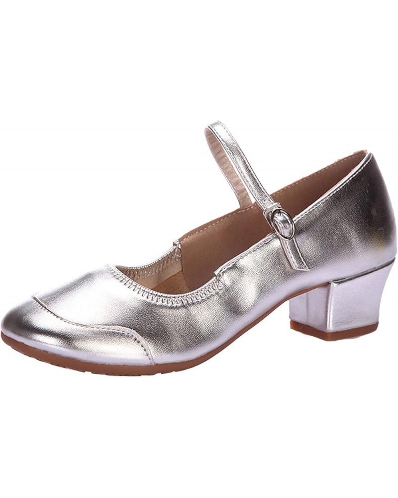 Women's Solid Color Buckle Full Sole Rubber Low Heel Thick Heel Dance Shoes Sandals Womens Sandals Silver $8.79 Sandals