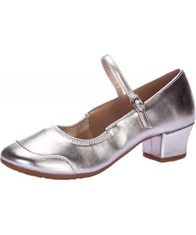 Women's Solid Color Buckle Full Sole Rubber Low Heel Thick Heel Dance Shoes Sandals Womens Sandals Silver $8.79 Sandals