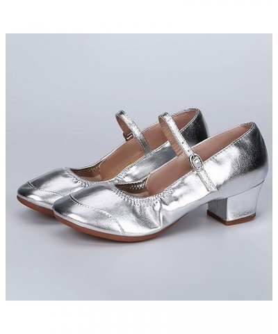 Women's Solid Color Buckle Full Sole Rubber Low Heel Thick Heel Dance Shoes Sandals Womens Sandals Silver $8.79 Sandals