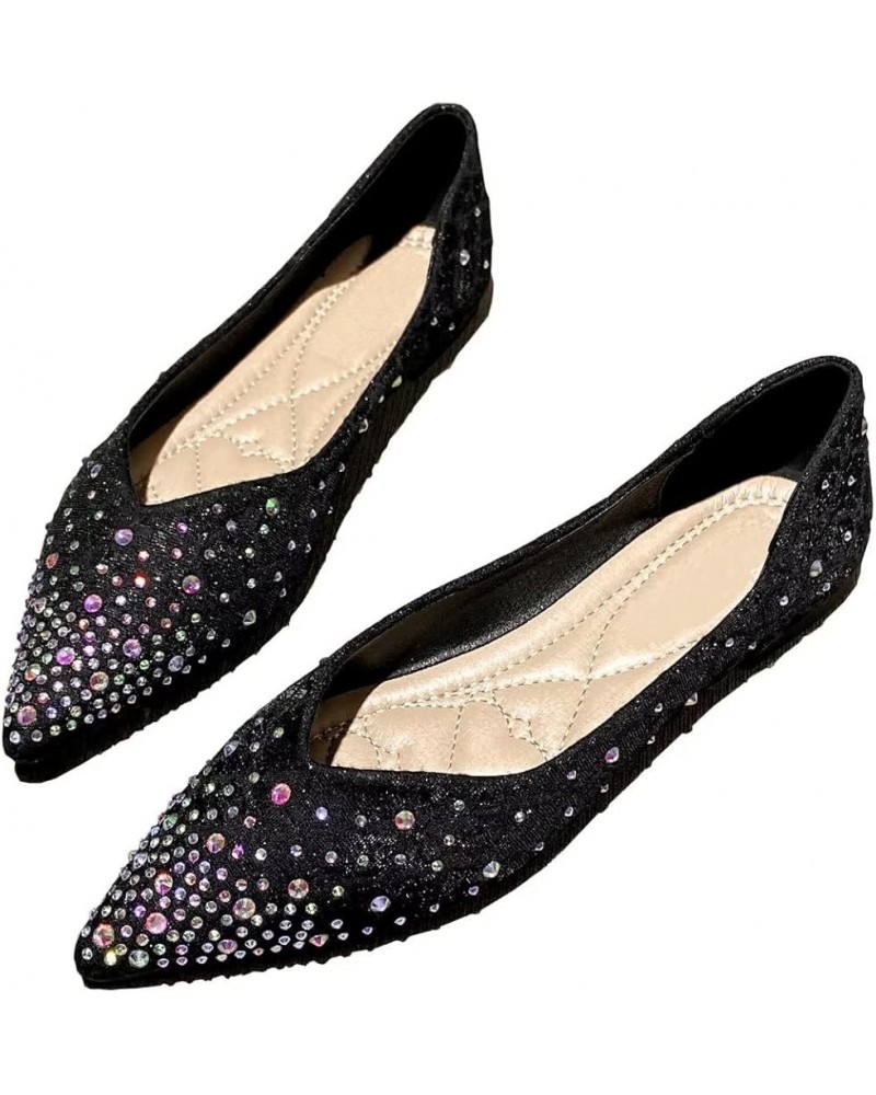 Womens Comfortable Flats Pointed Toe Rhinestone Wedding Dress Flats Breathable Slip on Walking Flat Shoes M Black $10.98 Flats