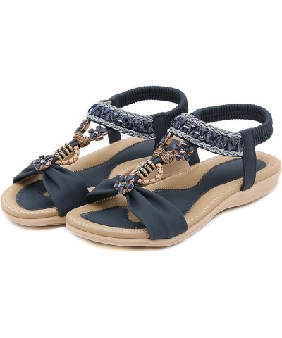 Sandals with Bows for Women Summer Women Casual Open Toe Flat Rhinestone Flowers Comfortable Soft Bottom Blue 7 $14.87 Sandals