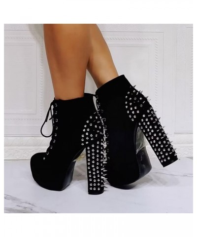 Fashion Halloween Metal Rivets Platform Chunky Modern Cool Girl Style Large Big Size Black Faux Suede Block High Heels Ankle ...