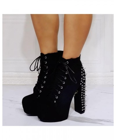 Fashion Halloween Metal Rivets Platform Chunky Modern Cool Girl Style Large Big Size Black Faux Suede Block High Heels Ankle ...