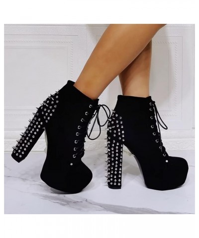 Fashion Halloween Metal Rivets Platform Chunky Modern Cool Girl Style Large Big Size Black Faux Suede Block High Heels Ankle ...