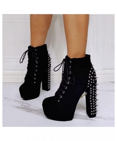 Fashion Halloween Metal Rivets Platform Chunky Modern Cool Girl Style Large Big Size Black Faux Suede Block High Heels Ankle ...