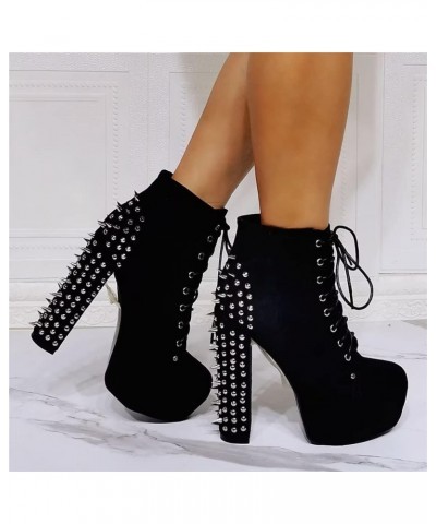 Fashion Halloween Metal Rivets Platform Chunky Modern Cool Girl Style Large Big Size Black Faux Suede Block High Heels Ankle ...