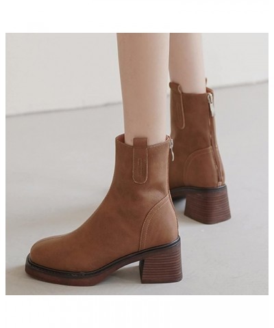 Fashion Autumn Women Boots Chunky Heel Middle Heel Square Toe Solid Color Back Zipper Womens Boots Size 12w Brown $24.81 Boots