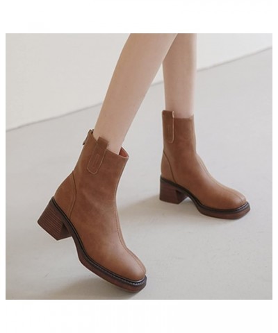 Fashion Autumn Women Boots Chunky Heel Middle Heel Square Toe Solid Color Back Zipper Womens Boots Size 12w Brown $24.81 Boots