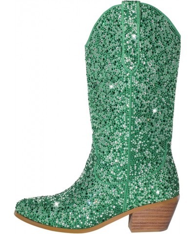 Cowboy Boots for Women Embroidered Pull-On Mid Calf Booties Crystal Green $16.45 Boots