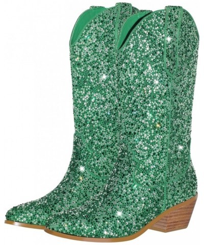 Cowboy Boots for Women Embroidered Pull-On Mid Calf Booties Crystal Green $16.45 Boots