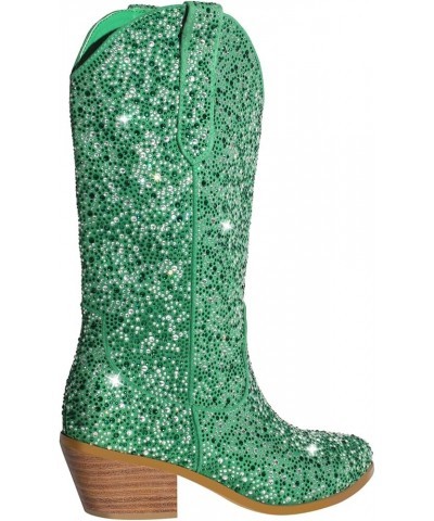 Cowboy Boots for Women Embroidered Pull-On Mid Calf Booties Crystal Green $16.45 Boots