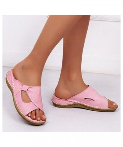 Women's Embellished Shoes Ladies Fashion Ssummer Solid Color Leather Open Toe Comfortable Thick Sole Sandals Pink $14.85 Sandals