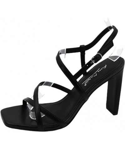 Women's Open Toe Ankle Strap High Chunky Heel Sandals Black Pu $24.63 Sandals