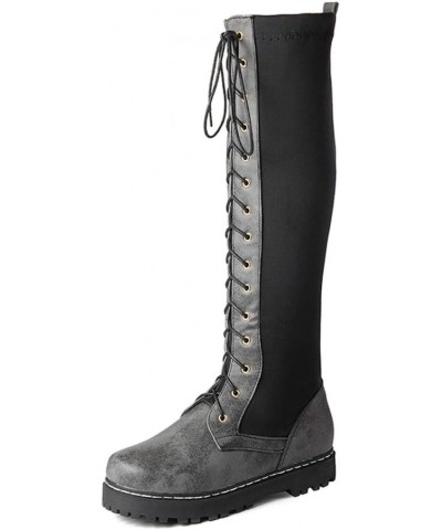 Women Knee High Boots Flat Biker Boots Grey $25.50 Boots