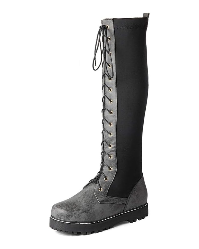 Women Knee High Boots Flat Biker Boots Grey $25.50 Boots