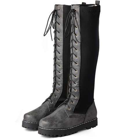 Women Knee High Boots Flat Biker Boots Grey $25.50 Boots