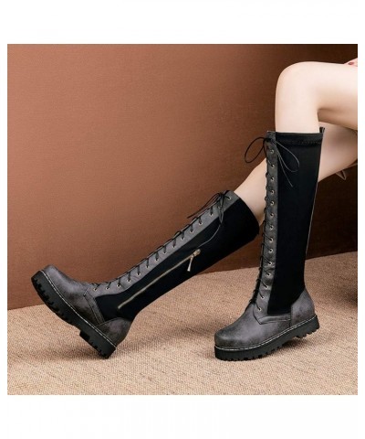 Women Knee High Boots Flat Biker Boots Grey $25.50 Boots