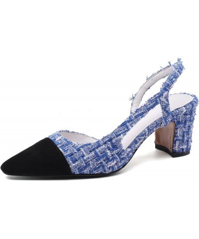 Slingback Heels for women，Round Toe Chunky Heeled Pumps Ankle Strap Fashion Splicing Dress Shoes Fabric Blue $25.85 Pumps