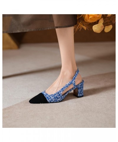 Slingback Heels for women，Round Toe Chunky Heeled Pumps Ankle Strap Fashion Splicing Dress Shoes Fabric Blue $25.85 Pumps