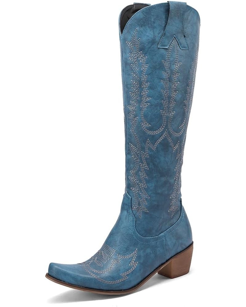 Womens Embroidered Cowboy Cowgirl Boots Pull on Durable Western Work Boots Mid Calf Boots 7 Blue $21.37 Boots