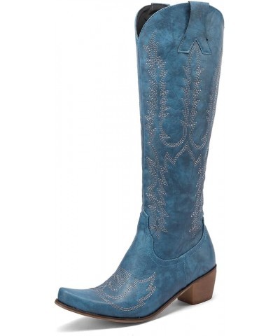 Womens Embroidered Cowboy Cowgirl Boots Pull on Durable Western Work Boots Mid Calf Boots 7 Blue $21.37 Boots