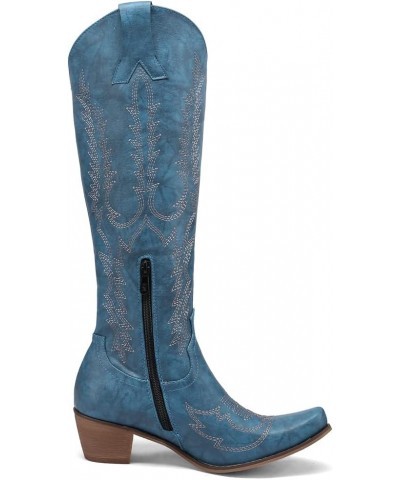 Womens Embroidered Cowboy Cowgirl Boots Pull on Durable Western Work Boots Mid Calf Boots 7 Blue $21.37 Boots