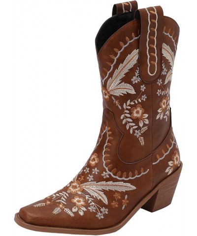 Women's Western Cowboy Booties with Chunky Heels and Pointed Toe Brown $38.07 Boots