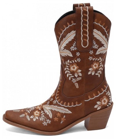 Women's Western Cowboy Booties with Chunky Heels and Pointed Toe Brown $38.07 Boots