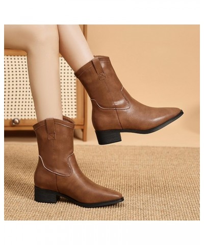 Womens Ankle Boots Short Shoes Non-Slip Chunky Heel Booties for Women Round Toe Mid Heel Chunky Heel Shoes C6-brown $29.71 Boots