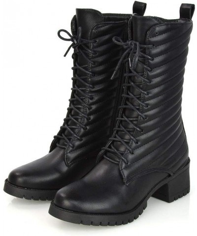 Womens Mid Calf Lace Up Boots Ladies Black Chunky Low Heel Combat Biker Shoes Size Black Synthetic Leather $28.42 Boots