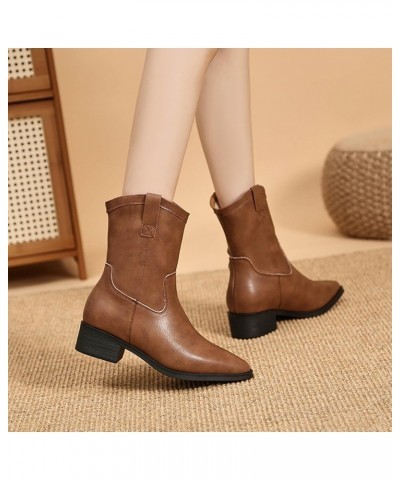 Womens Ankle Boots Short Shoes Non-Slip Chunky Heel Booties for Women Round Toe Mid Heel Chunky Heel Shoes C6-brown $29.71 Boots