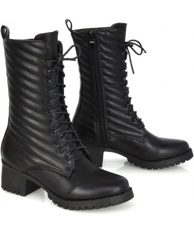 Womens Mid Calf Lace Up Boots Ladies Black Chunky Low Heel Combat Biker Shoes Size Black Synthetic Leather $28.42 Boots