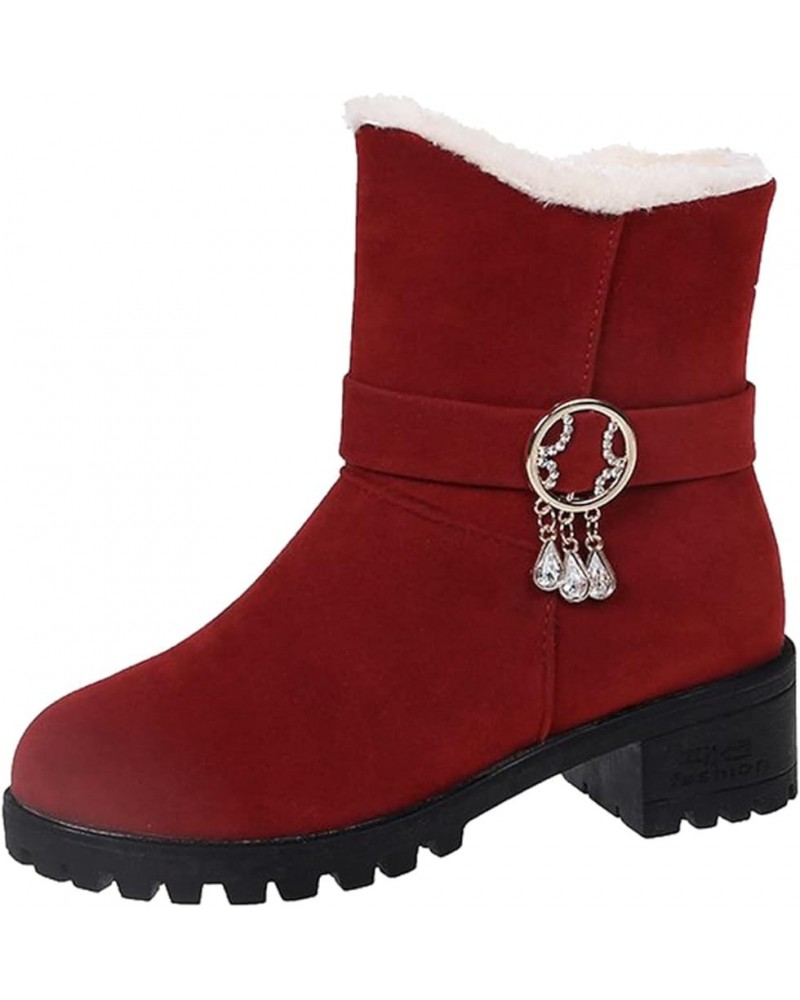 Women's Fashion Rhinestone Suede Cotton Boots Plus Velvet Warm Zipper Snow Boots Red $21.33 Boots