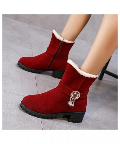 Women's Fashion Rhinestone Suede Cotton Boots Plus Velvet Warm Zipper Snow Boots Red $21.33 Boots