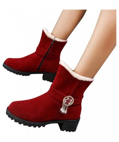 Women's Fashion Rhinestone Suede Cotton Boots Plus Velvet Warm Zipper Snow Boots Red $21.33 Boots