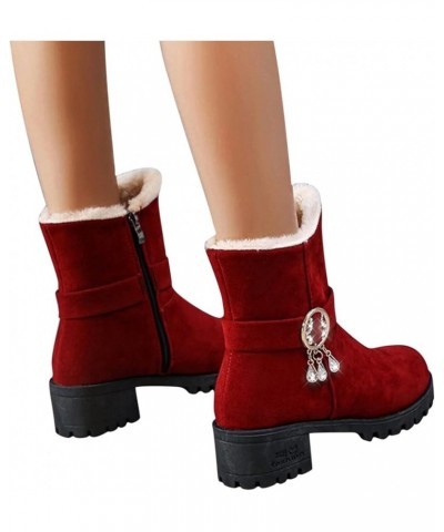 Women's Fashion Rhinestone Suede Cotton Boots Plus Velvet Warm Zipper Snow Boots Red $21.33 Boots