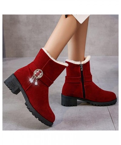 Women's Fashion Rhinestone Suede Cotton Boots Plus Velvet Warm Zipper Snow Boots Red $21.33 Boots