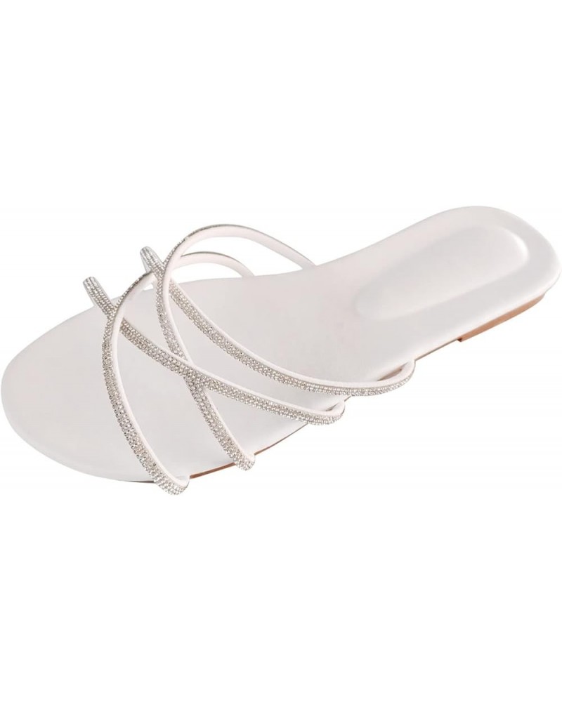 Ladies Fashion Summer Rhinestone Interlaced Strap Open Toe Flat Beach Slippers Womens Slippers Size 10 with Arch Support (Whi...