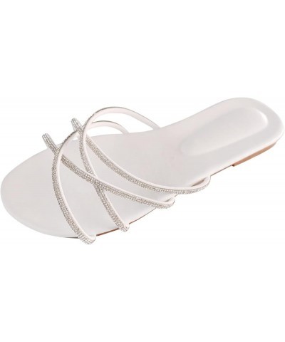 Ladies Fashion Summer Rhinestone Interlaced Strap Open Toe Flat Beach Slippers Womens Slippers Size 10 with Arch Support (Whi...