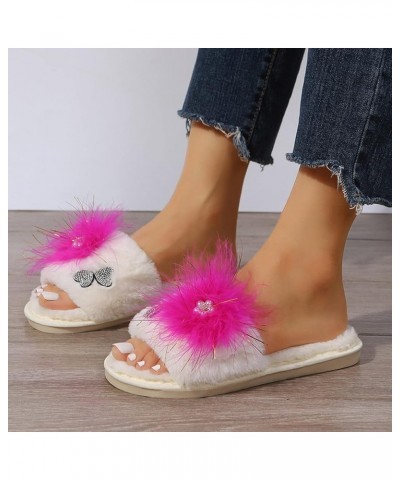 Teen Girls House Slippers Ladies Fashion Rhinestone Butterfly Decorative Open Toe Fluffy Cotton Flat Slippers Hot Pink $12.99...