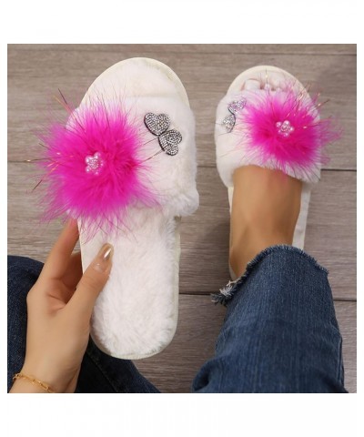 Teen Girls House Slippers Ladies Fashion Rhinestone Butterfly Decorative Open Toe Fluffy Cotton Flat Slippers Hot Pink $12.99...