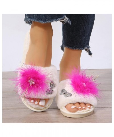 Teen Girls House Slippers Ladies Fashion Rhinestone Butterfly Decorative Open Toe Fluffy Cotton Flat Slippers Hot Pink $12.99...