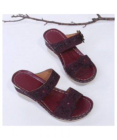 Women's Casual Two Band Sandals Open Toe Vintage Print Platform Wedge Sandals Slide Sandal Orthotic Arch Support 7wine $21.08...