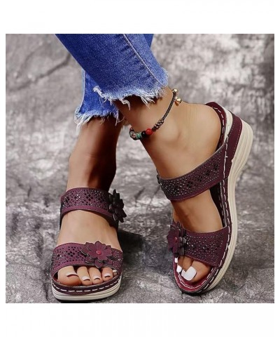 Women's Casual Two Band Sandals Open Toe Vintage Print Platform Wedge Sandals Slide Sandal Orthotic Arch Support 7wine $21.08...