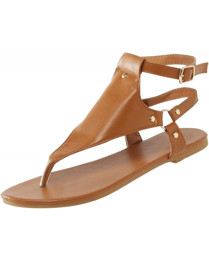 Women's Falt 2024 Flat Sandals Summer Leather Beach Thong Summer 2024 Trendy Slip On Spring Open Toe Spring 2024 Cute Brown $...