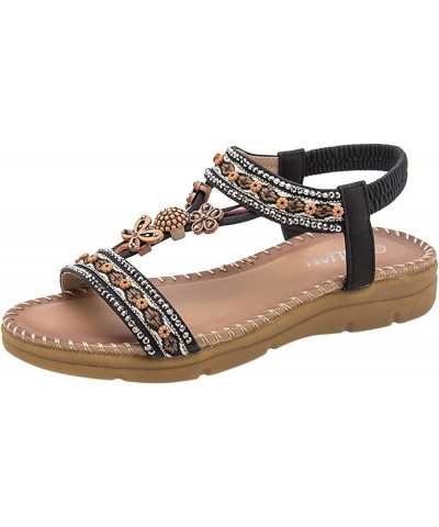 Beach Sandals for Women Dressy Comfortable Open Toe Bohemia Sandals Slip on T-Strap Elastic Flat Sandals Ladies Girls Walking...