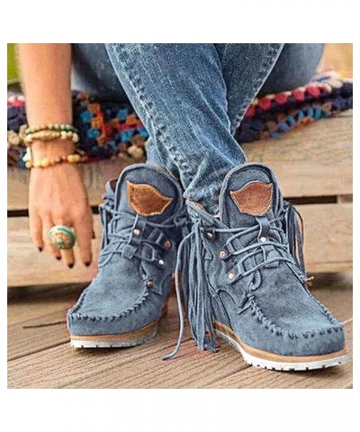 Ankle Boots for Women Low Heel Womens Leather Cowboy Cowgirl Ankle Short Shoes Lace Up Platform Wedge Casual Booties Blue-d $...