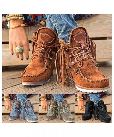 Ankle Boots for Women Low Heel Womens Leather Cowboy Cowgirl Ankle Short Shoes Lace Up Platform Wedge Casual Booties Blue-d $...