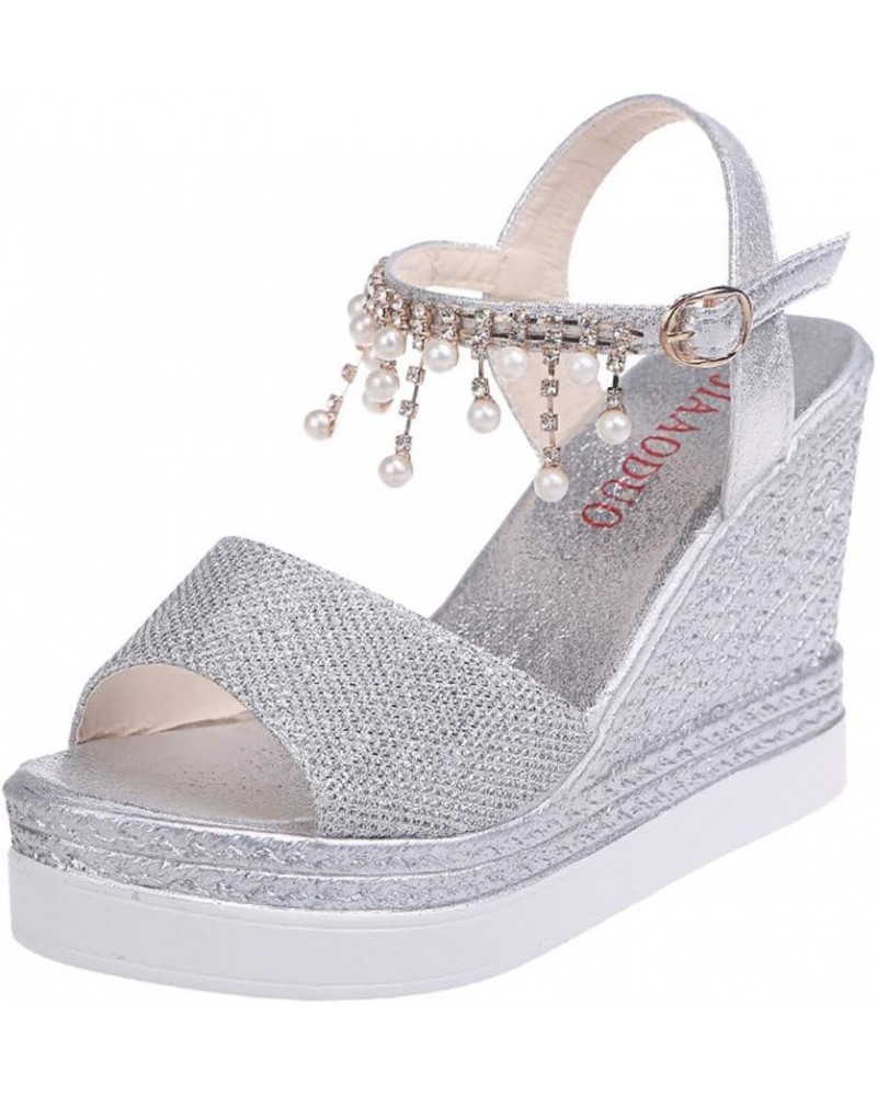 Women's Rhinestone Dress Wedge Sandals Trendy Pearl Sexy Spring Peep Toe Dressy Boho Cute 2024 Casual Summer Buckle Silver $1...