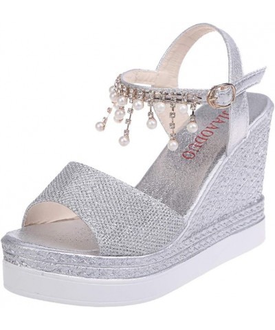 Women's Rhinestone Dress Wedge Sandals Trendy Pearl Sexy Spring Peep Toe Dressy Boho Cute 2024 Casual Summer Buckle Silver $1...